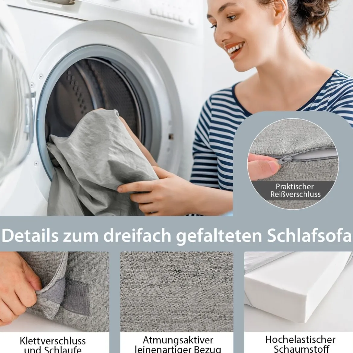 Klappmatratze mit Kissen aus Schaumstoff 15cm dick Schlafsofa mit Waschbarem Bezug 190 x 100 x 15 cm Grau