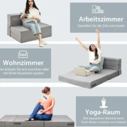 Klappmatratze mit Kissen aus Schaumstoff 15cm dick Schlafsofa mit Waschbarem Bezug 190 x 100 x 15 cm Grau
