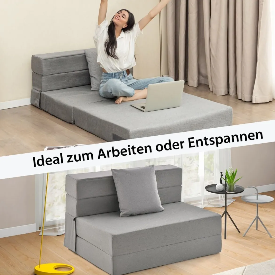 Klappmatratze mit Kissen aus Schaumstoff 15cm dick Schlafsofa mit Waschbarem Bezug 190 x 100 x 15 cm Grau
