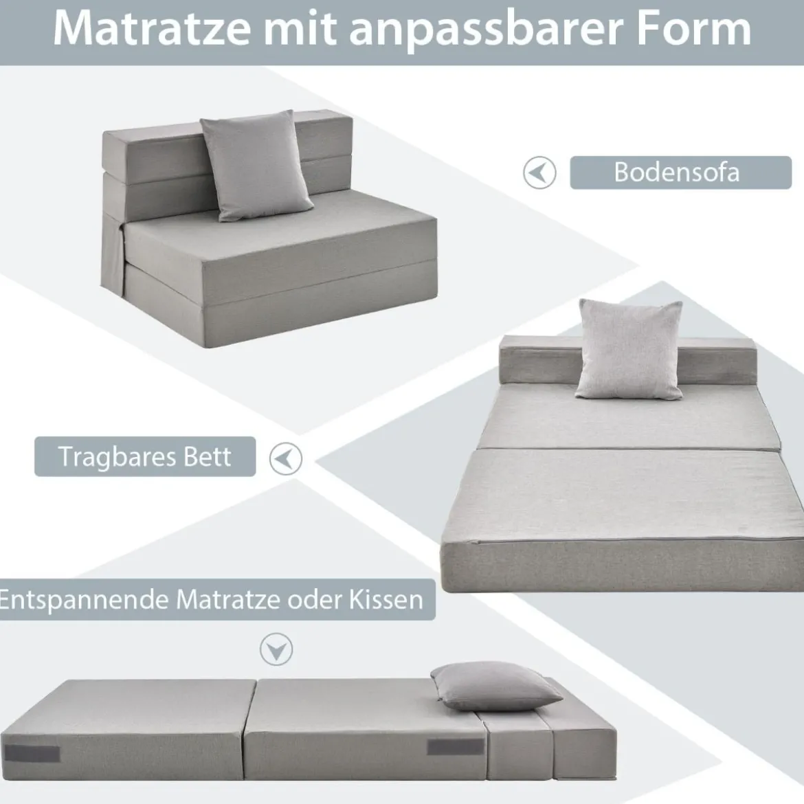 Klappmatratze mit Kissen aus Schaumstoff 15cm dick Schlafsofa mit Waschbarem Bezug 190 x 100 x 15 cm Grau