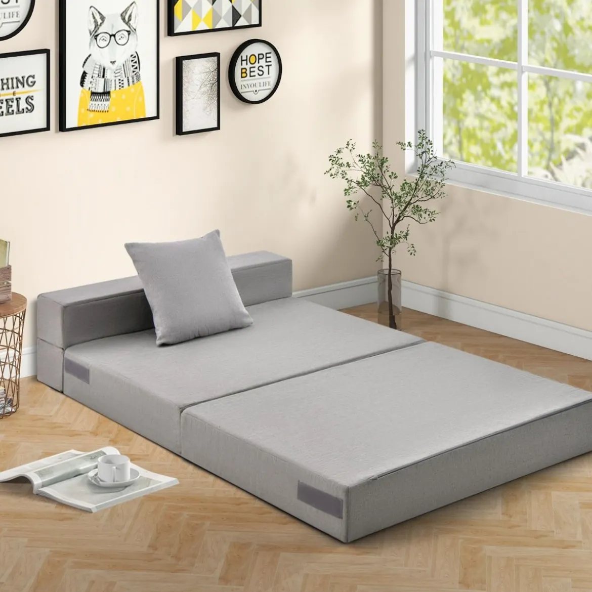 Klappmatratze mit Kissen aus Schaumstoff 15cm dick Schlafsofa mit Waschbarem Bezug 190 x 100 x 15 cm Grau