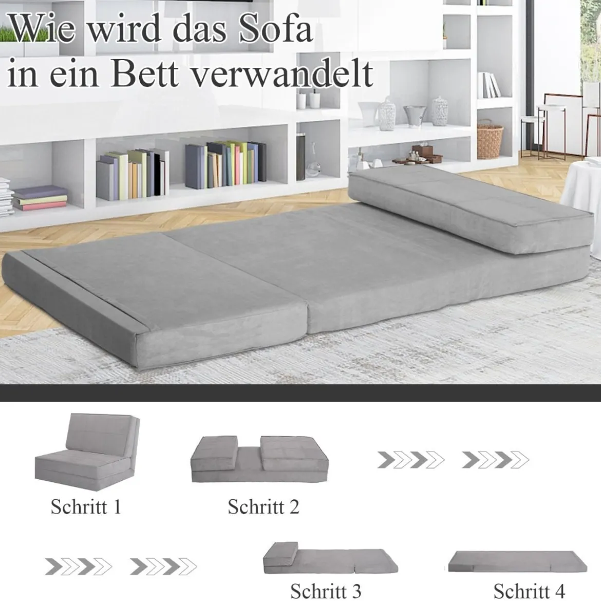 Klappsofa 3-Fach Umklappbares Schlafsofa mit 5Rückenlehnenpositionen Grau