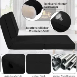 Klappsofa 3-Fach Umklappbares Schlafsofa mit 5Rückenlehnenpositionen Schwarz