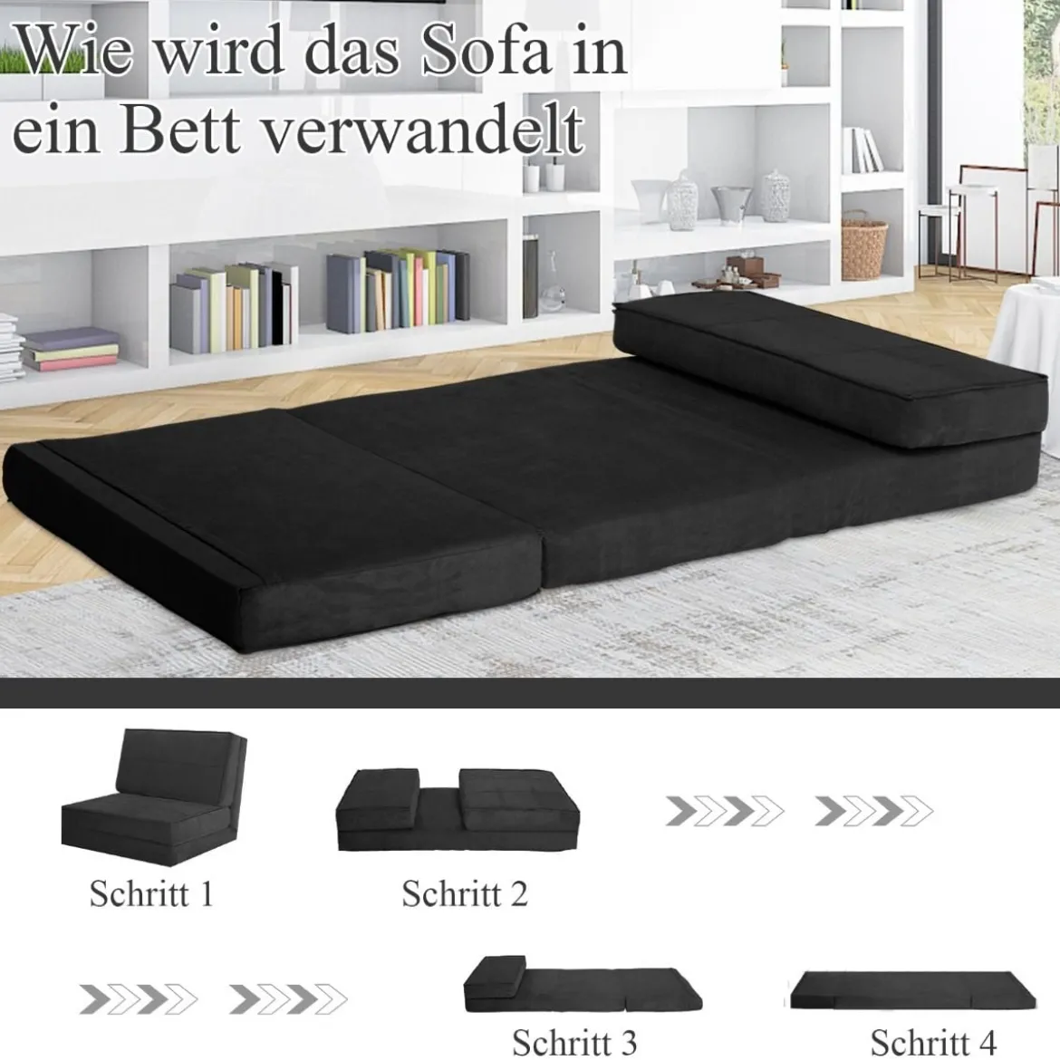 Klappsofa 3-Fach Umklappbares Schlafsofa mit 5Rückenlehnenpositionen Schwarz