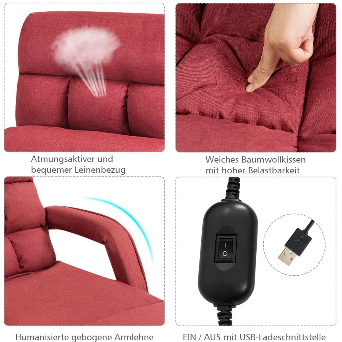 Klappsofa Schlafsofa Bodenstuhlsofa Liegebett verstellbar mit Armlehnen & Kissen Rot