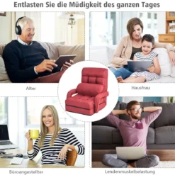 Klappsofa Schlafsofa Bodenstuhlsofa Liegebett verstellbar mit Armlehnen & Kissen Rot
