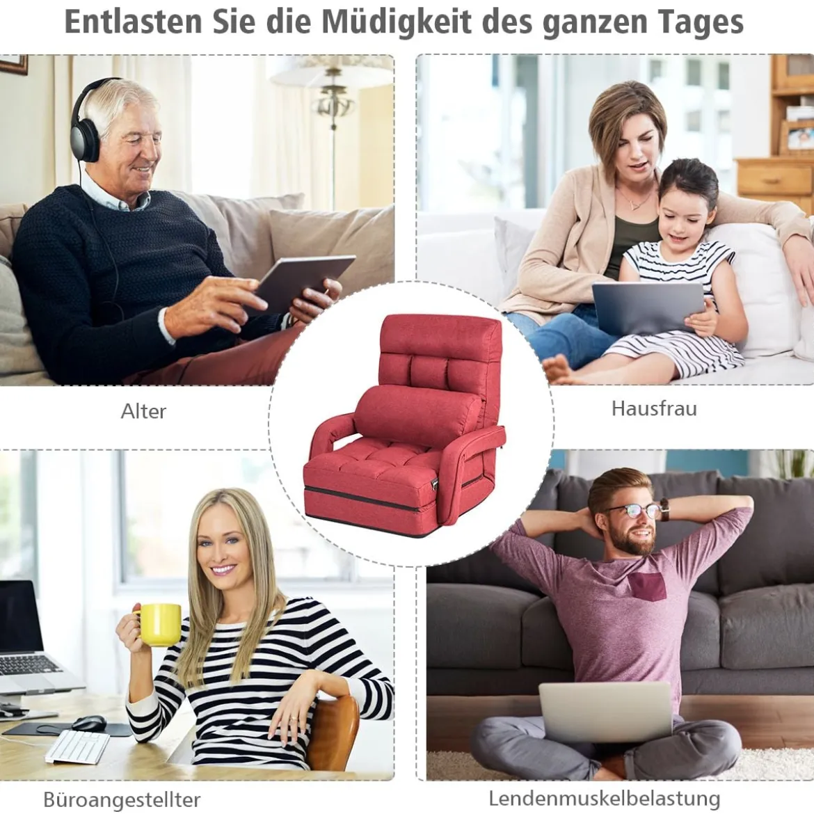 Klappsofa Schlafsofa Bodenstuhlsofa Liegebett verstellbar mit Armlehnen & Kissen Rot