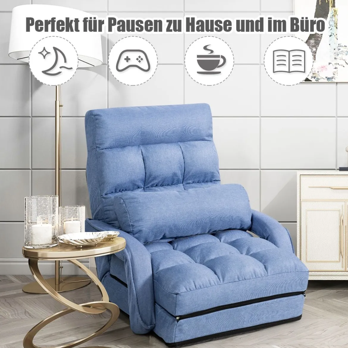 Klappsofa Schlafsofa Bodenstuhlsofa Liegebett verstellbar mit Armlehnen & Kissen Blau
