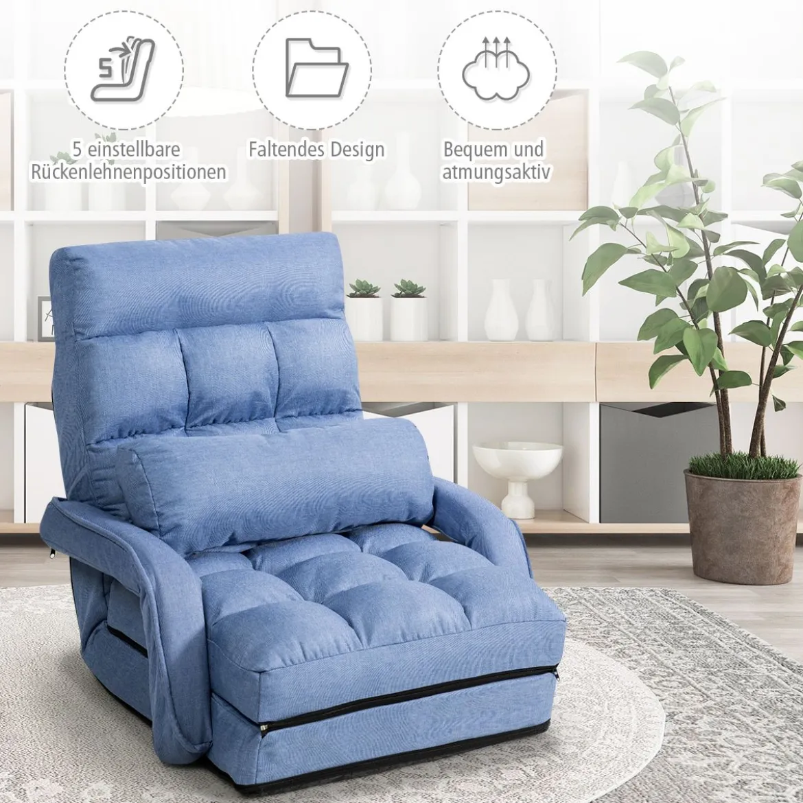 Klappsofa Schlafsofa Bodenstuhlsofa Liegebett verstellbar mit Armlehnen & Kissen Blau