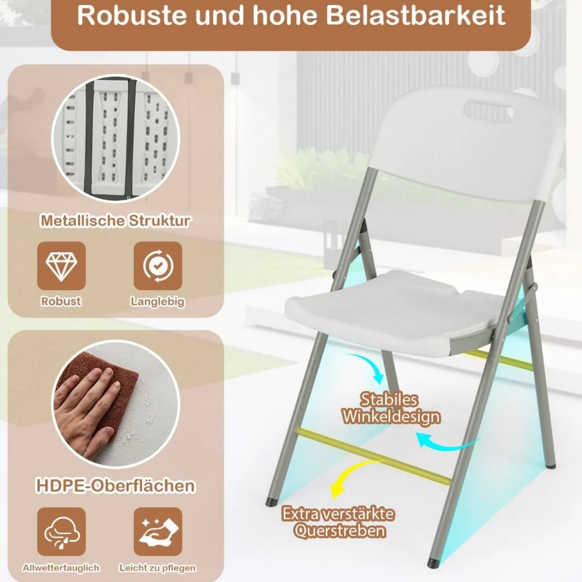 Klappstühle 4er Set Gaststühle mit Metallrahmen und Tragegriff für Partys Weiß