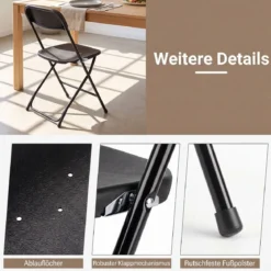 Klappstühle 4er Set Wetterfeste Gartenstühle mit Metallrahmen bis 150kg Kunststoff Balkonstühle Schwarz