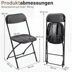 Klappstühle 4er Set Wetterfeste Gartenstühle mit Metallrahmen bis 150kg Kunststoff Balkonstühle Schwarz