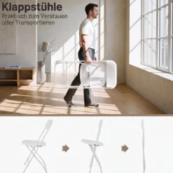 Klappstühle 4er Set Wetterfeste Gartenstühle mit Metallrahmen bis 150kg Kunststoff Balkonstühle Weiß