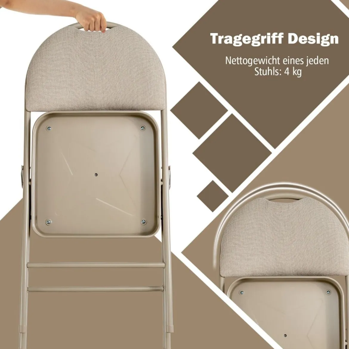 4 Klappstühle tragbare Metallstühle mit gepolstertem Sitz gepolsterte Stühle für Zuhause Beige/Grau