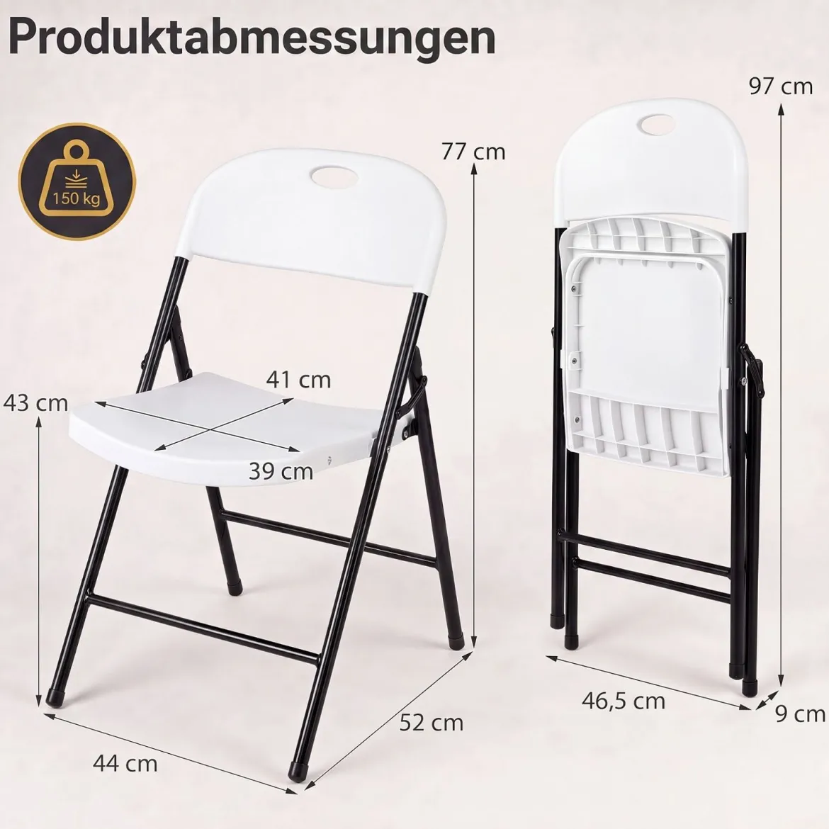 Klappstuhl 4er Set Essstühle aus Kunststoff Küchenstuhl mit Rückenlehne & Metallrahmen Weiß