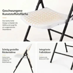 Klappstuhl 4er Set Essstühle aus Kunststoff Küchenstuhl mit Rückenlehne & Metallrahmen Weiß