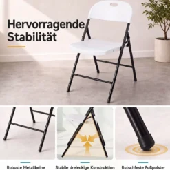 Klappstuhl 4er Set Essstühle aus Kunststoff Küchenstuhl mit Rückenlehne & Metallrahmen Weiß