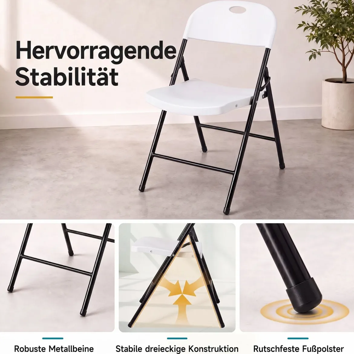 Klappstuhl 4er Set Essstühle aus Kunststoff Küchenstuhl mit Rückenlehne & Metallrahmen Weiß