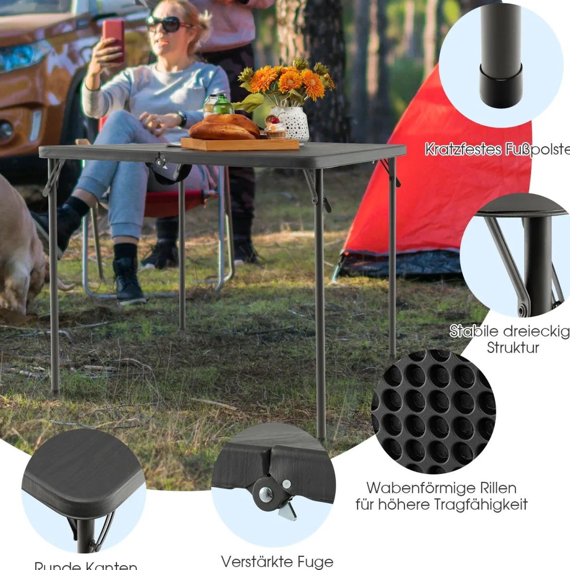 Klapptisch für Camping tragbarer Picknick-Campingtisch mit Griff leichter Esstisch für den Außenbereich Weiß/Grau