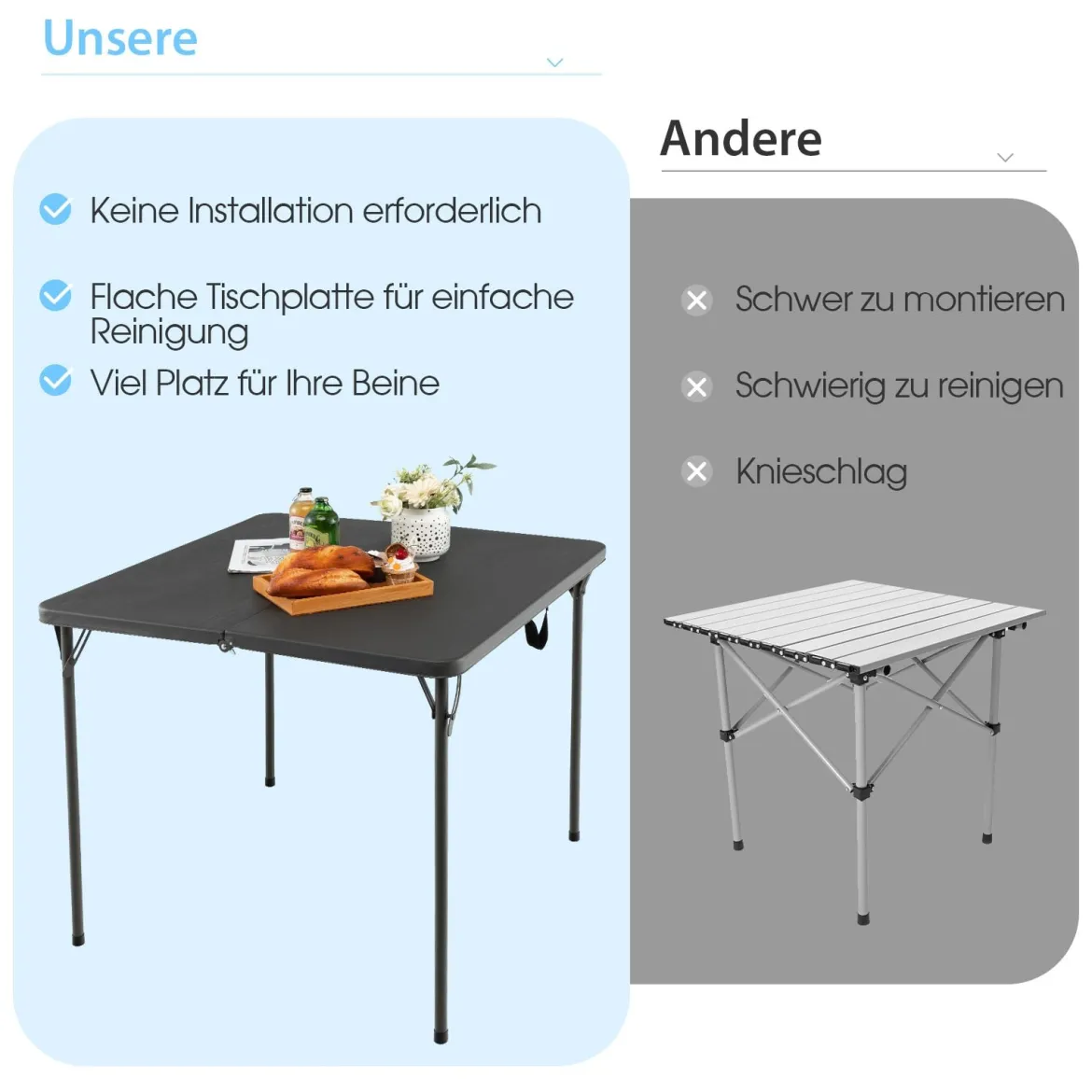 Klapptisch für Camping tragbarer Picknick-Campingtisch mit Griff leichter Esstisch für den Außenbereich Weiß/Grau