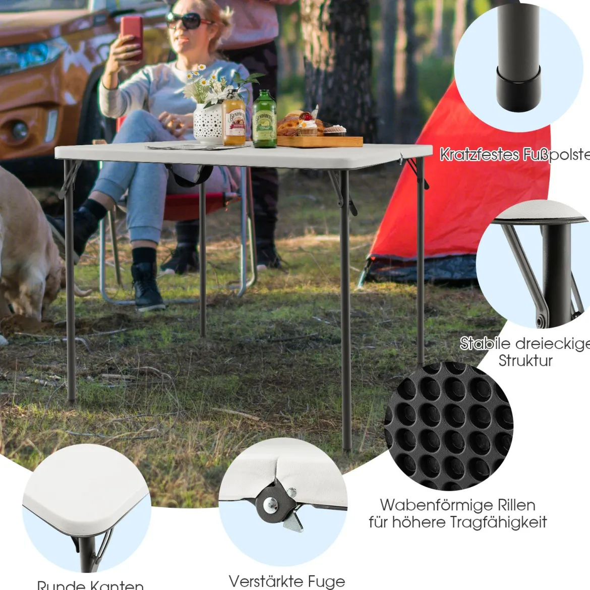 Klapptisch für Camping tragbarer Picknick-Campingtisch mit Griff leichter Esstisch für den Außenbereich Weiß/Grau