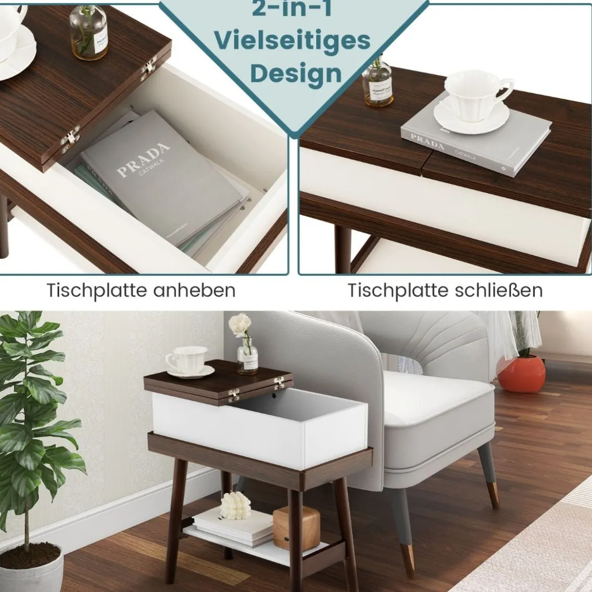 Klapptisch Sofatisch mit um 180° klappbarer Platte 60 x 30 x 60 cm Dunkelbraun