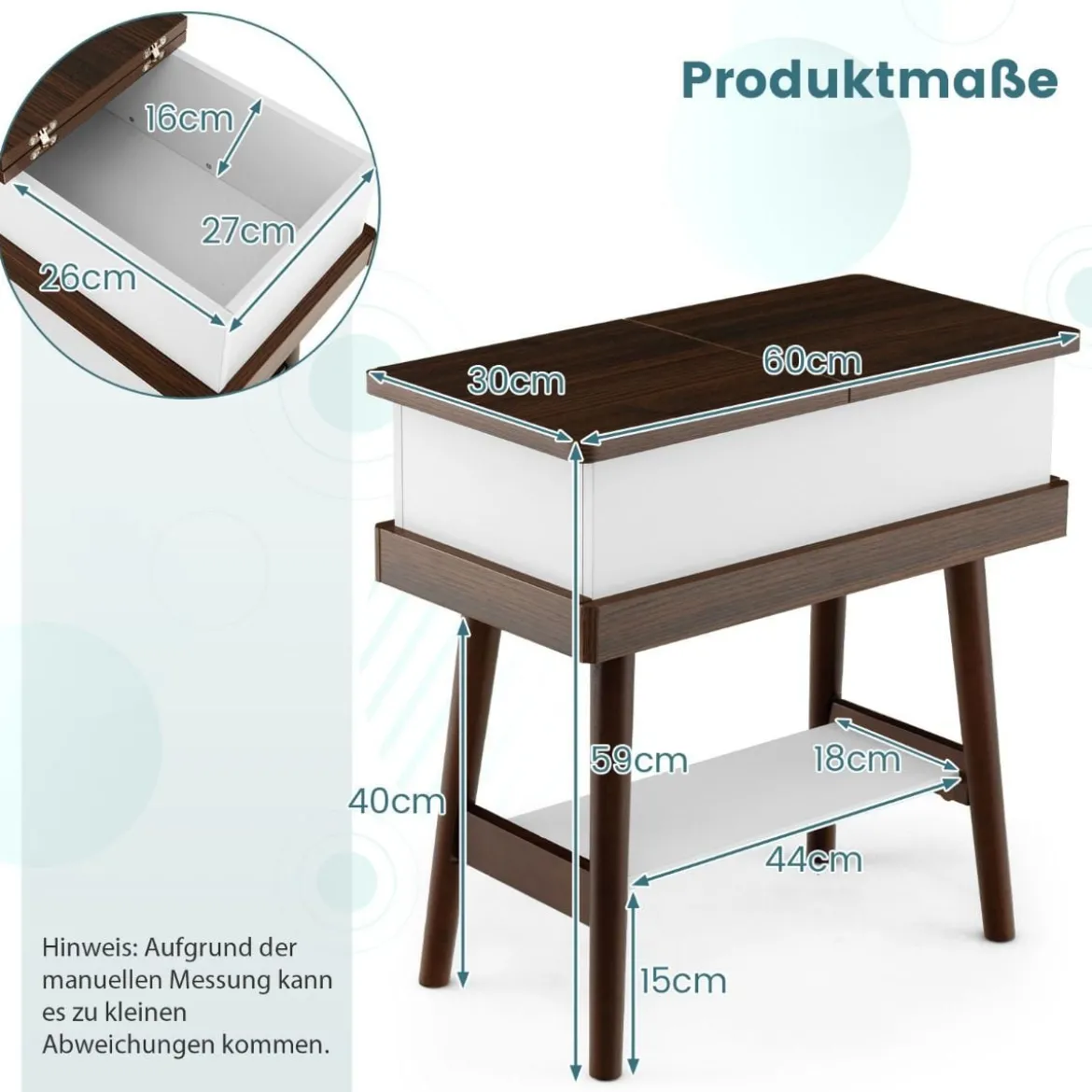 Klapptisch Sofatisch mit um 180° klappbarer Platte 60 x 30 x 60 cm Dunkelbraun