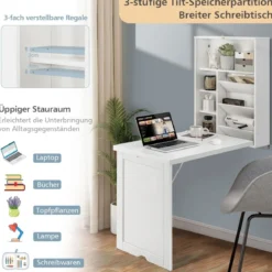 Klapptisch Wandmontierbarer Schreibtisch mit 3-Stufiger Neigbarer Trennwand Weiß
