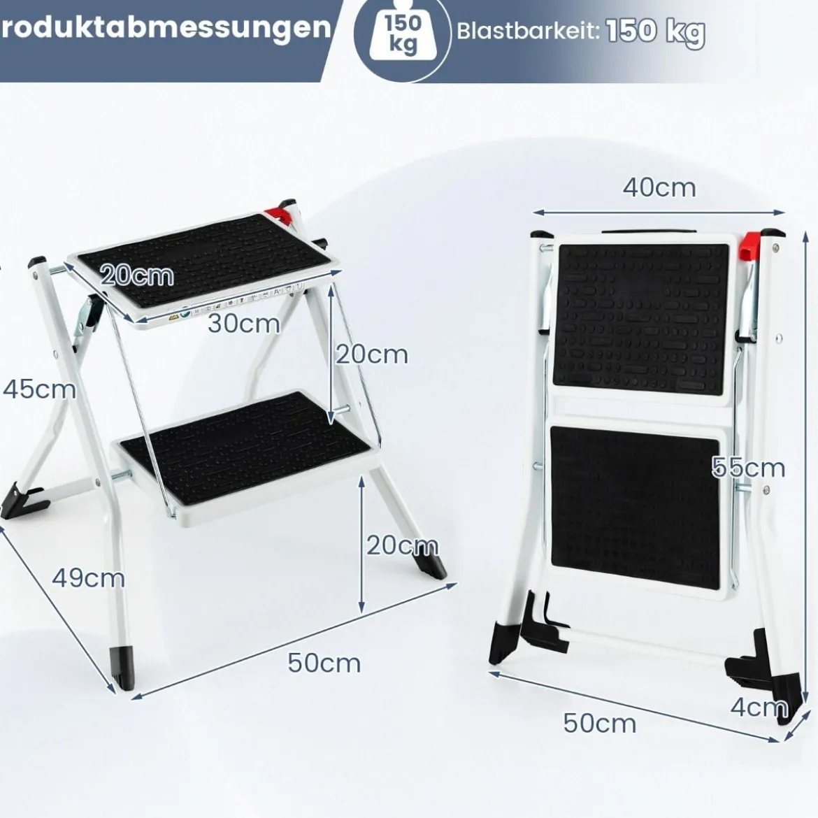 Klapptritt mit 2 Stufen Trittleiter Klappbar 20 cm Breit bis 150 kg Belastbar