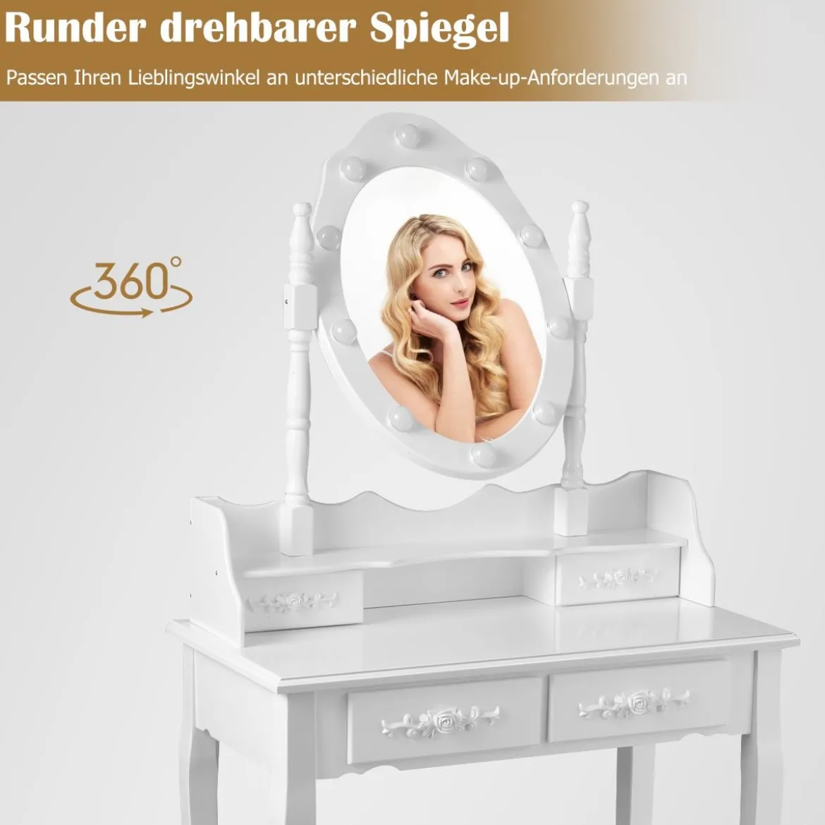 Klassisches Schminktisch-Set mit Hocker LED-Birnen Kosmetiktisch 75 x 40 x 146 cm Weiß