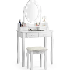 Klassisches Schminktisch-Set mit Hocker LED-Birnen Kosmetiktisch 75 x 40 x 146 cm Weiß