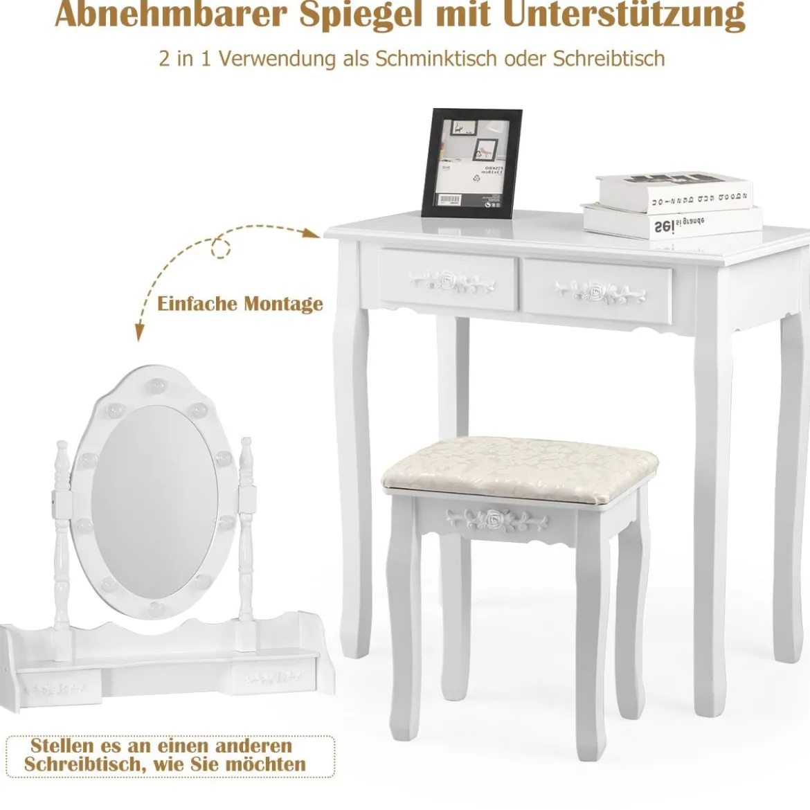 Klassisches Schminktisch-Set mit Hocker LED-Birnen Kosmetiktisch 75 x 40 x 146 cm Weiß