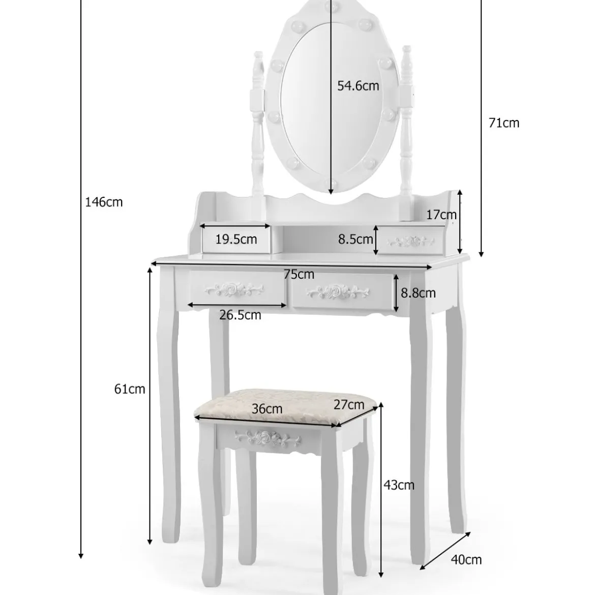 Klassisches Schminktisch-Set mit Hocker LED-Birnen Kosmetiktisch 75 x 40 x 146 cm Weiß