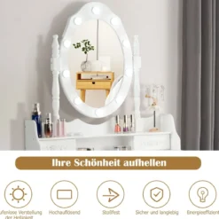 Klassisches Schminktisch-Set mit Hocker LED-Birnen Kosmetiktisch 75 x 40 x 146 cm Weiß