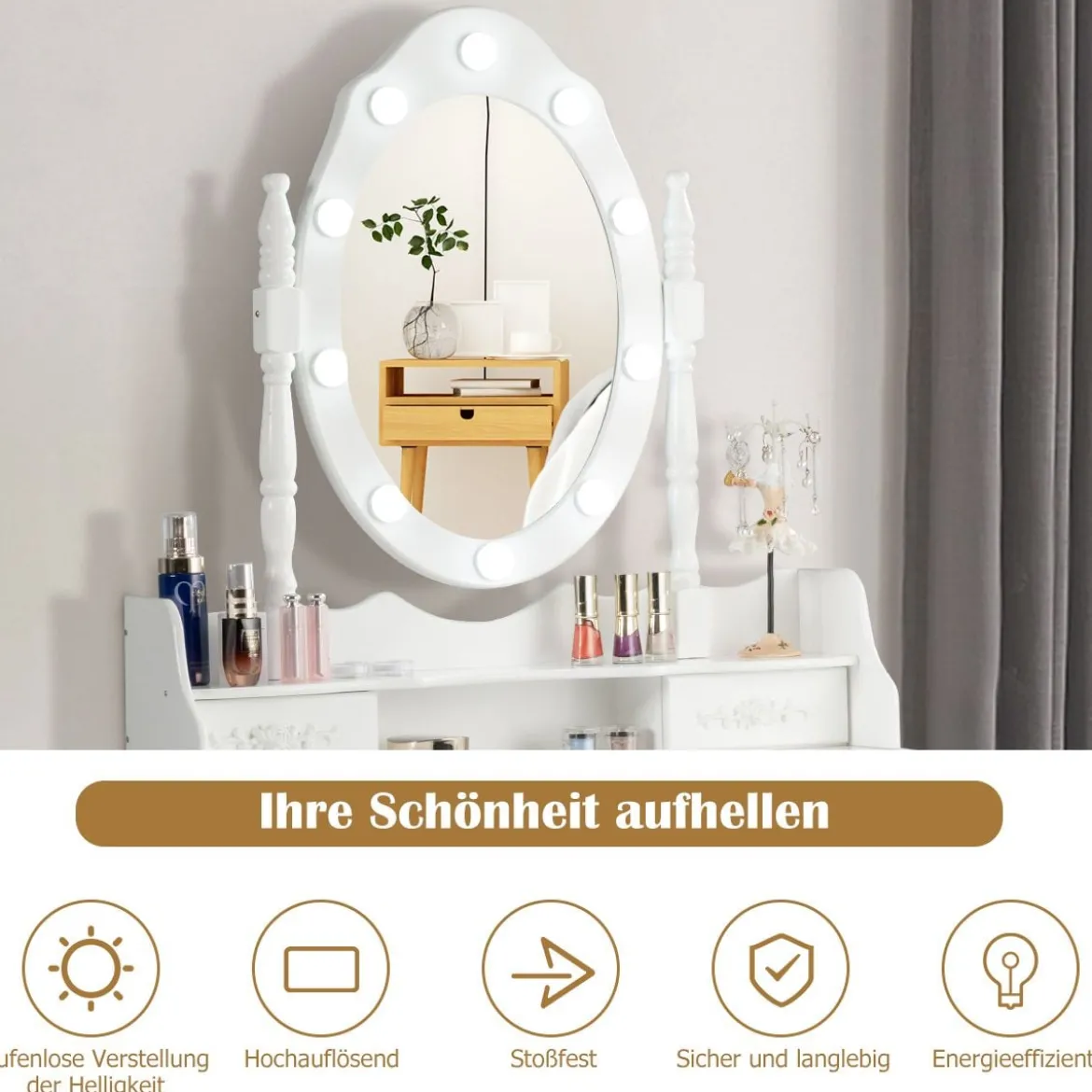Klassisches Schminktisch-Set mit Hocker LED-Birnen Kosmetiktisch 75 x 40 x 146 cm Weiß