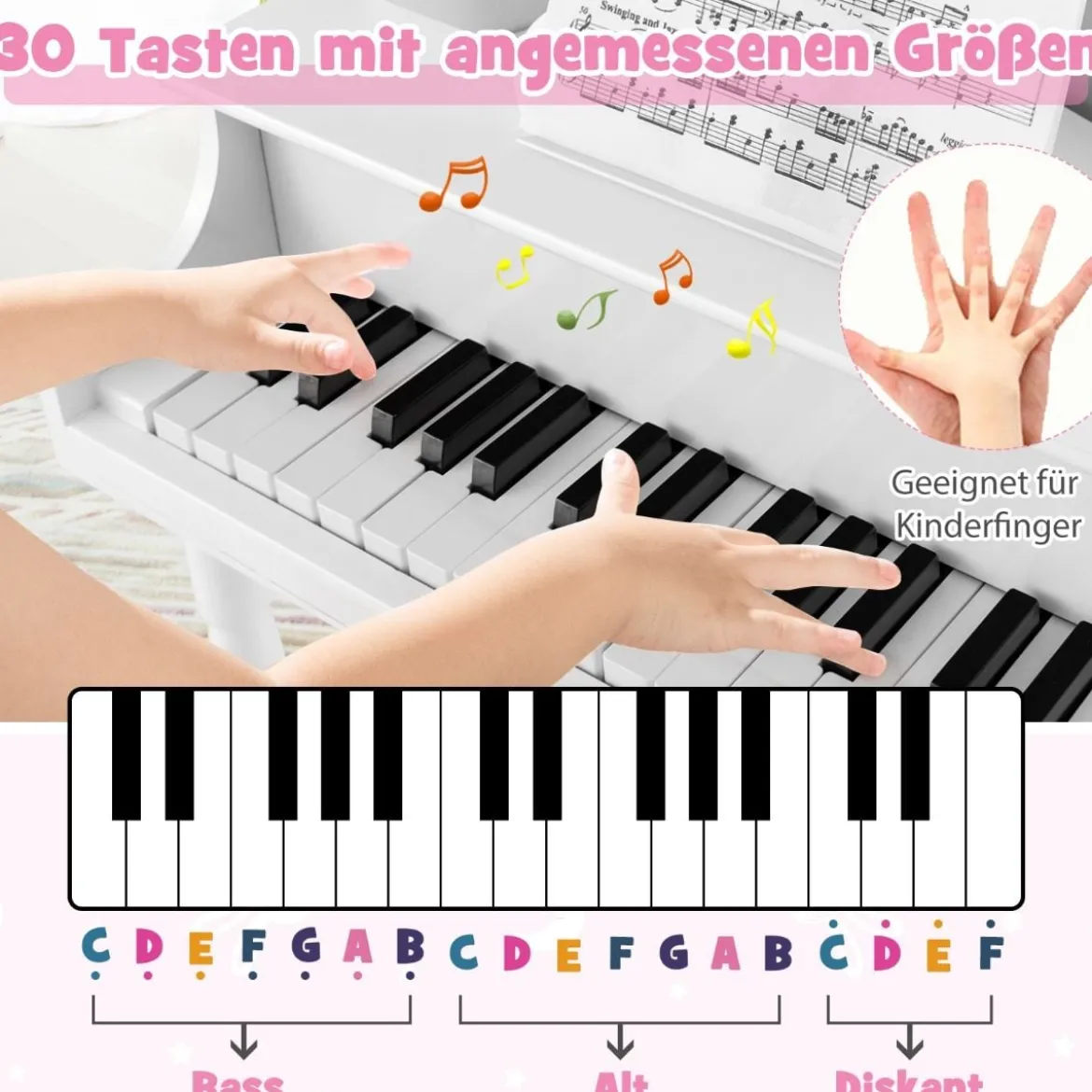 Klassisches 30 Tasten Kinderklavier mit Notenpult & Sitzbank Ideal für Kinder von 3 bis 8 J. Weiß