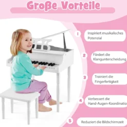 Klassisches 30 Tasten Kinderklavier mit Notenpult & Sitzbank Ideal für Kinder von 3 bis 8 J. Weiß