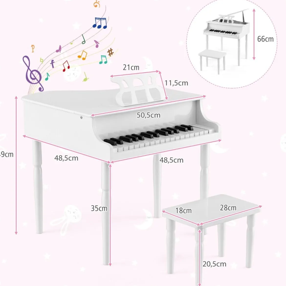 Klassisches 30 Tasten Kinderklavier mit Notenpult & Sitzbank Ideal für Kinder von 3 bis 8 J. Weiß
