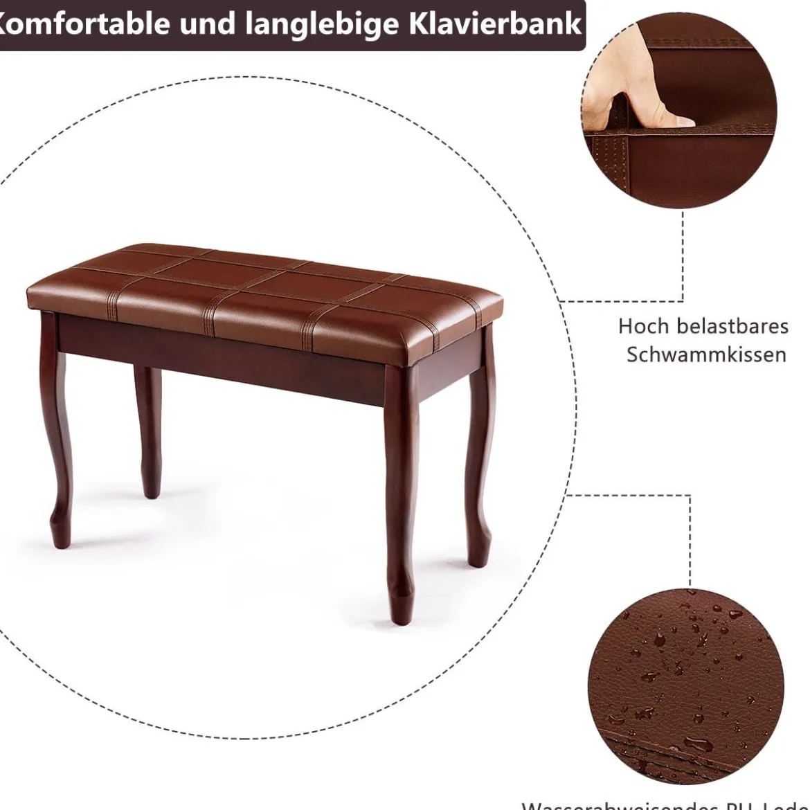 Klavierbank mit Notenfach Klavierhocker aus Massivhoz 75 x 35 x 49 cm Braun