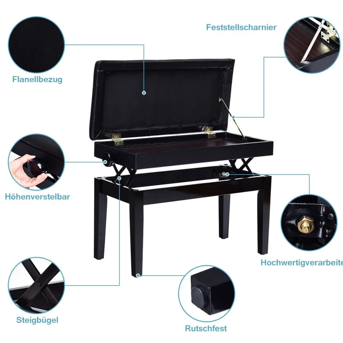 Klavierhocker Höhenverstellbar Klavierbank Pianobank mit Stauraum Schwarz