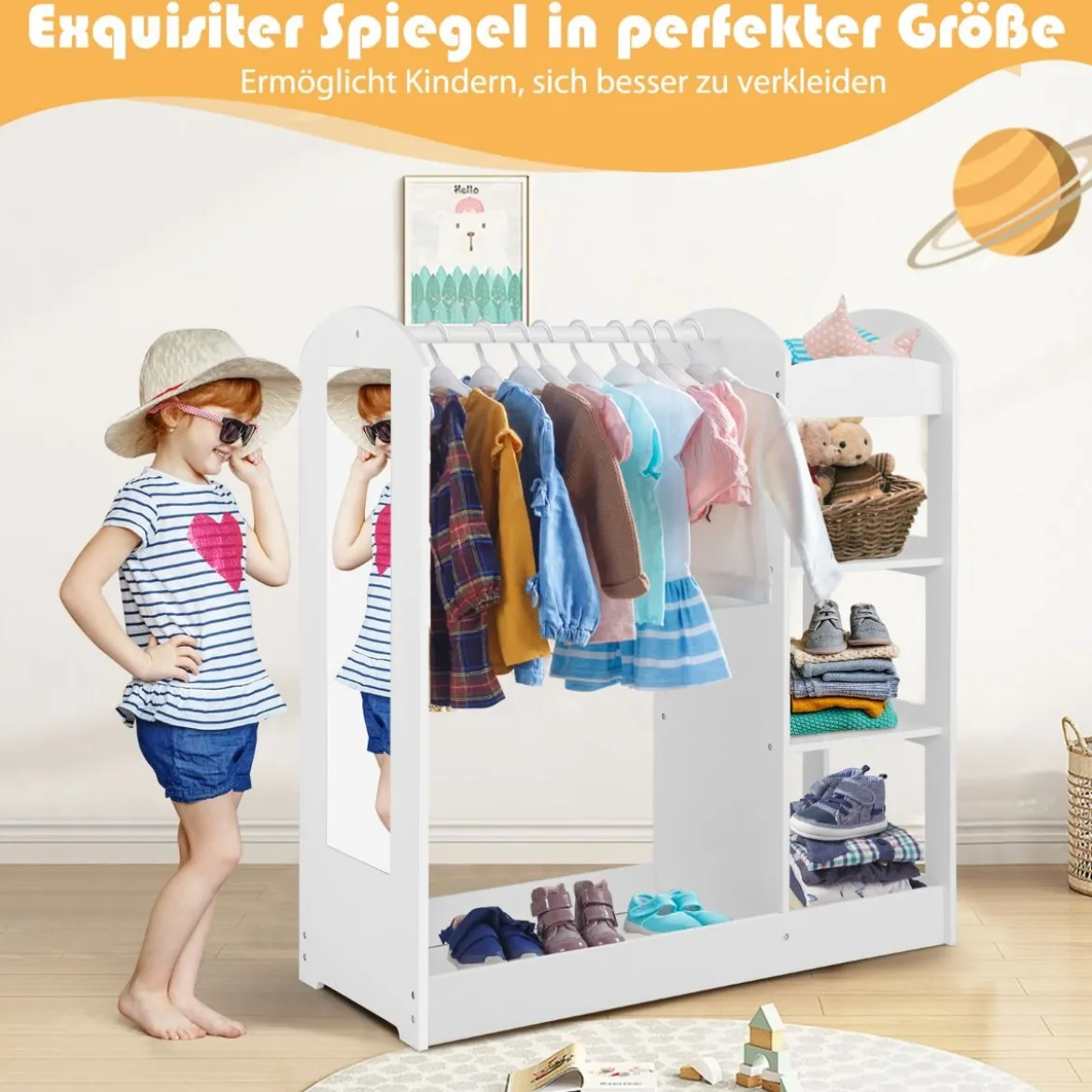 Kleidergarderobe für Kinder Kostümgarderobe für Kinder mit Spiegel 93,5 x 38 x 100 cm Weiß