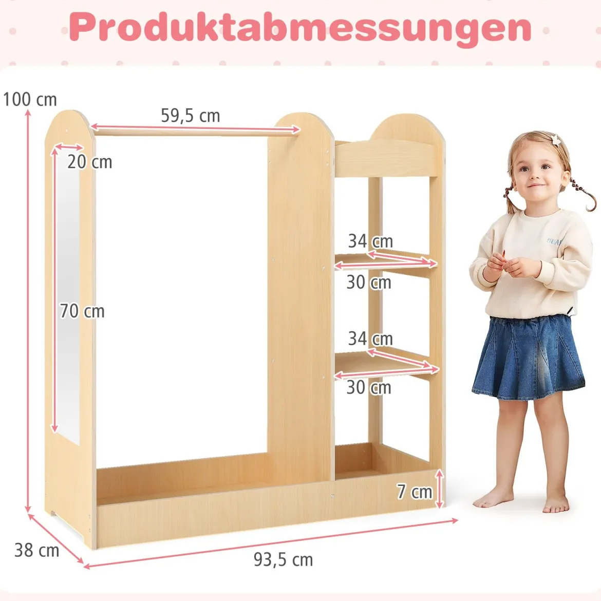 Kleidergarderobe für Kinder Kostümgarderobe für Kinder mit Spiegel 93,5 x 38 x 100 cm Natur