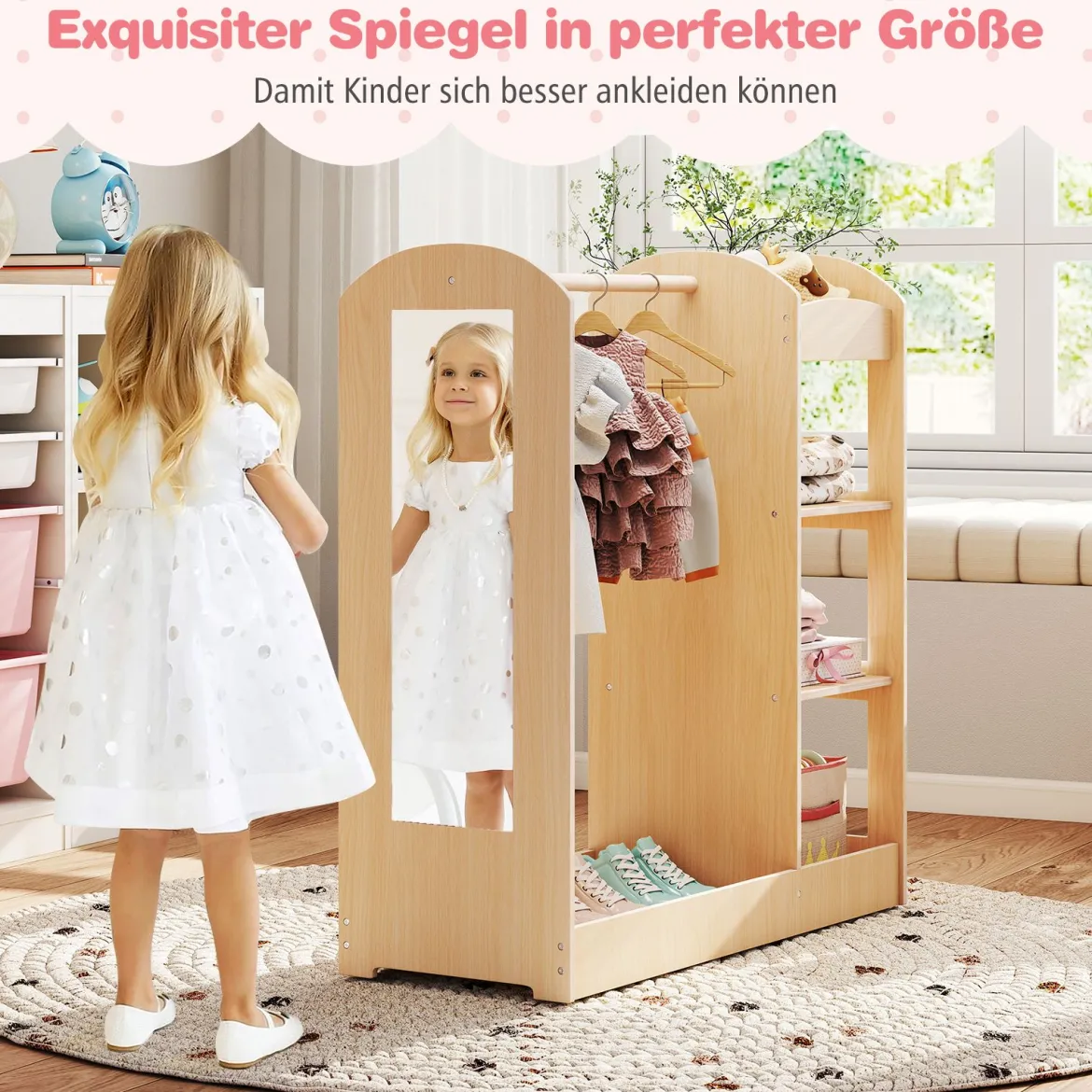 Kleidergarderobe für Kinder Kostümgarderobe für Kinder mit Spiegel 93,5 x 38 x 100 cm Natur
