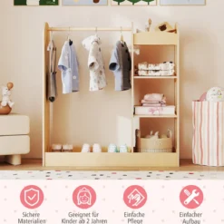 Kleidergarderobe für Kinder Kostümgarderobe für Kinder mit Spiegel 93,5 x 38 x 100 cm Natur