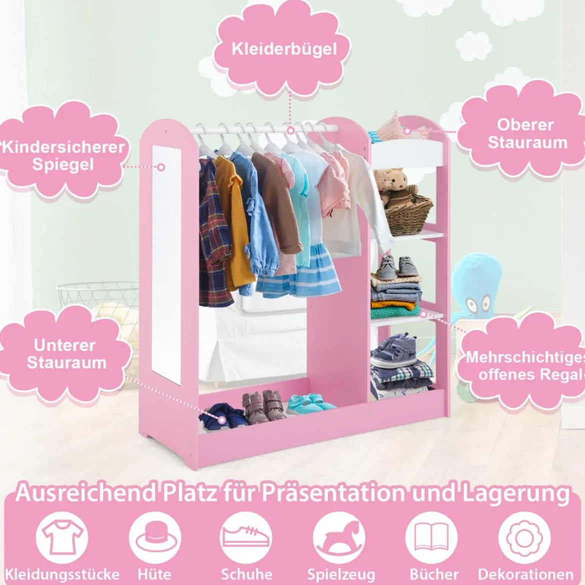 Kleidergarderobe Kostümgarderobe für Kinder mit Spiegel 93,5 x 38 x 100 cm Rosa