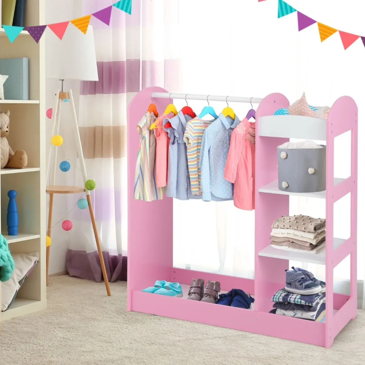 Kleidergarderobe Kostümgarderobe für Kinder mit Spiegel 93,5 x 38 x 100 cm Rosa