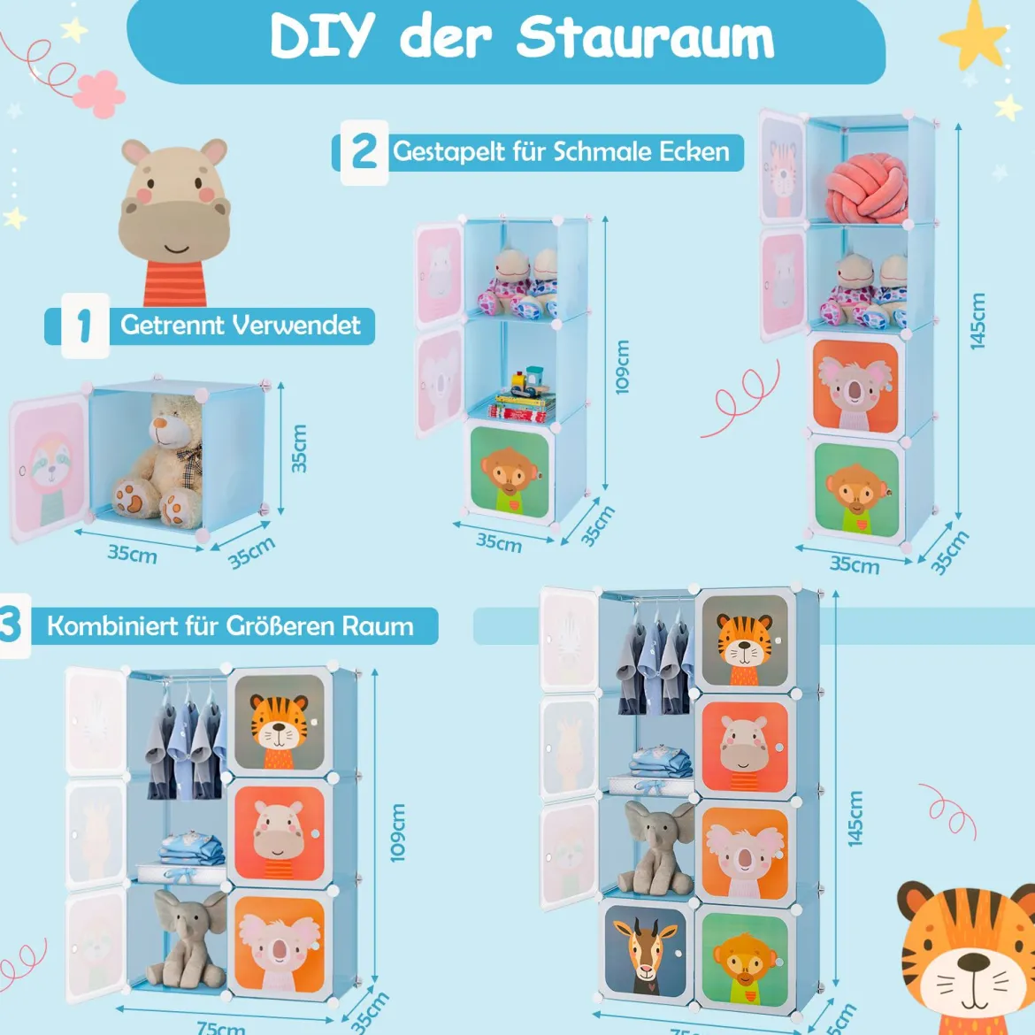 Kleiderschrank für Kinder Babyschrank mit 8 Würfeln & Hängebereich niedliche Cartoon-Kommode Blau