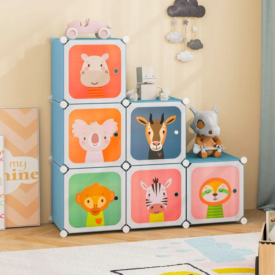 Kleiderschrank für Kinder Babyschrank mit 8 Würfeln & Hängebereich niedliche Cartoon-Kommode Blau