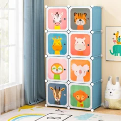 Kleiderschrank für Kinder Babyschrank mit 8 Würfeln & Hängebereich niedliche Cartoon-Kommode Blau