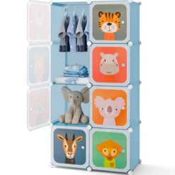 Kleiderschrank für Kinder Babyschrank mit 8 Würfeln & Hängebereich niedliche Cartoon-Kommode Blau